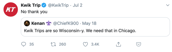 Prägnanter Tweet von Kwik Trip, der sich über Wisconsin lustig macht