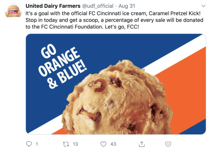 Tweet da United Dairy Farmers sobre sua parceria com a GC Cincinnati Foundation