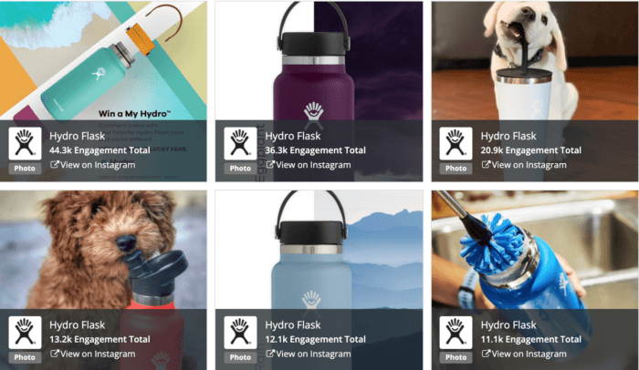 Les meilleures publications Instagram d'Hydro Flask par total d'engagement comportaient de nombreuses bouteilles d'eau