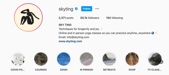 Bio Instagram de Sky Ting Yoga