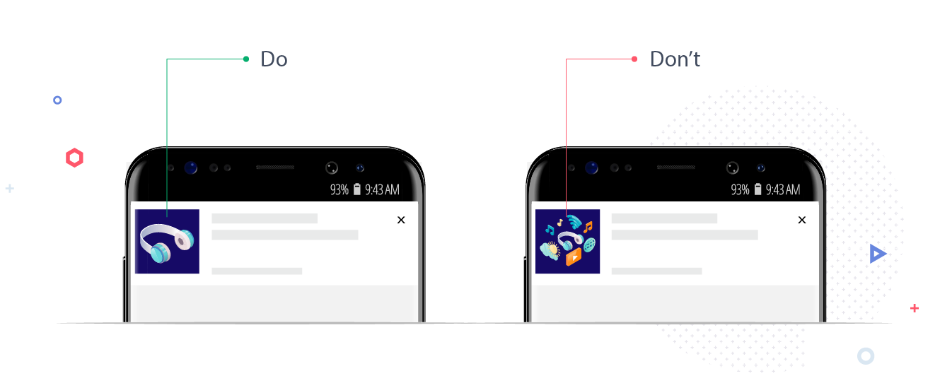 Diagramm, das besagt, dass das Creative für Push-Benachrichtigungsanzeigen einfach sein sollte