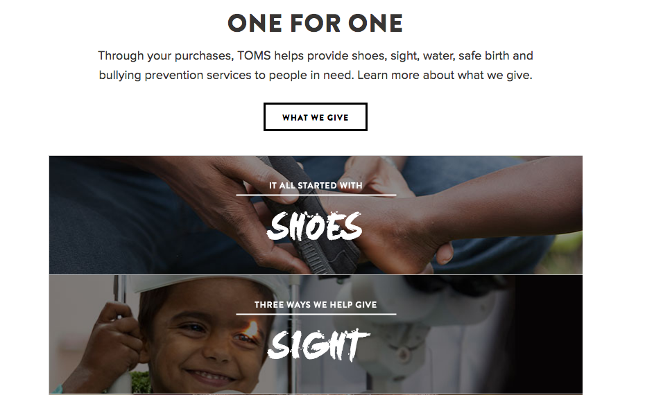 Capture d'écran du site Web des chaussures TOMS