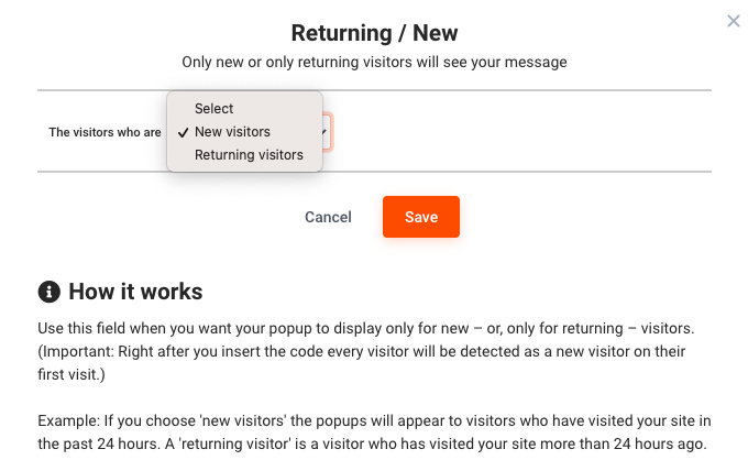 returning and new customers options - 15 Best Practices to Double The Effectiveness of Your Existing Popups