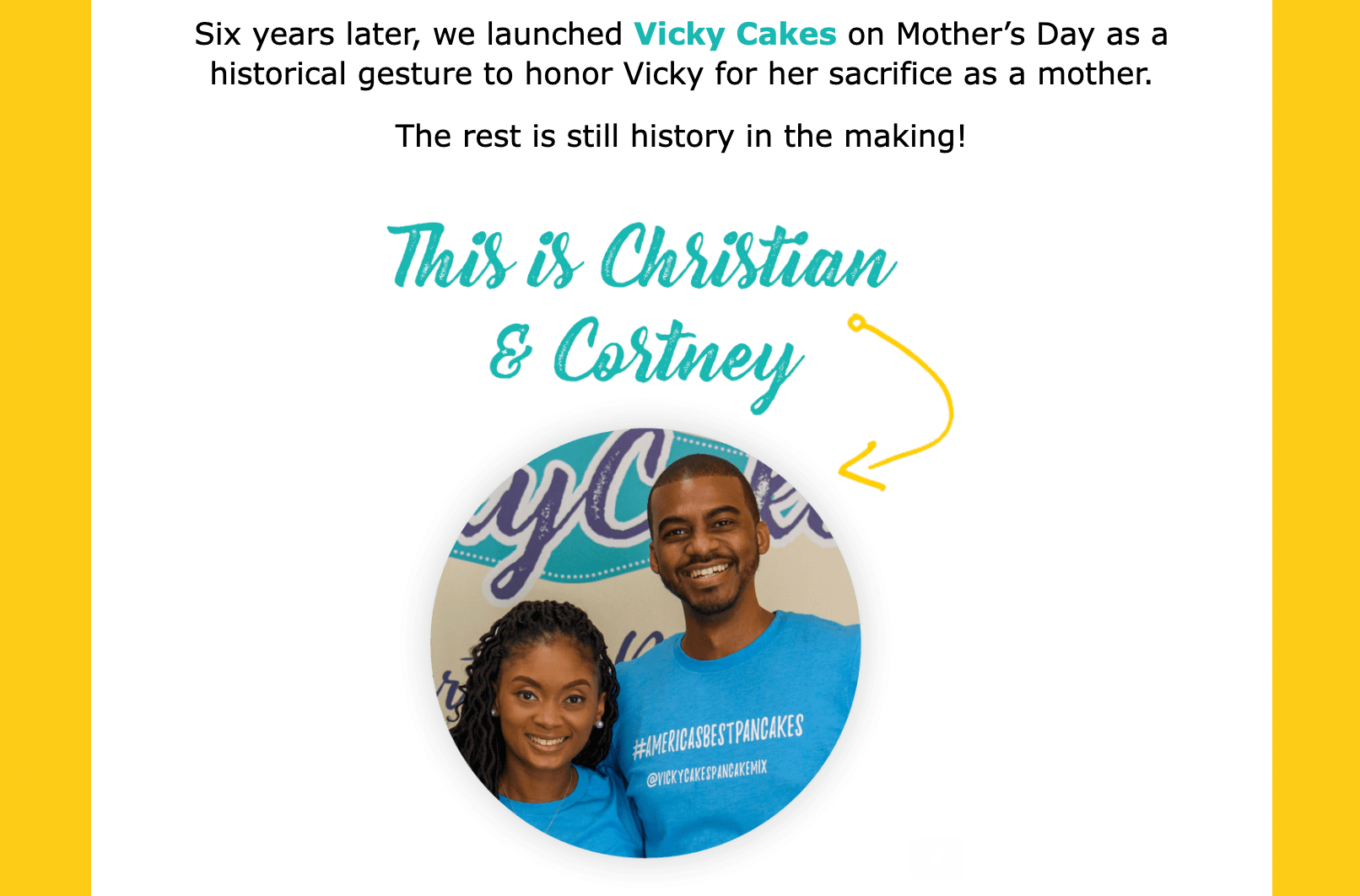 Construindo a comunidade de uma marca por meio de email marketing – Uma captura de tela da Vicky Cakes com texto e conteúdo apresentando os cofundadores.