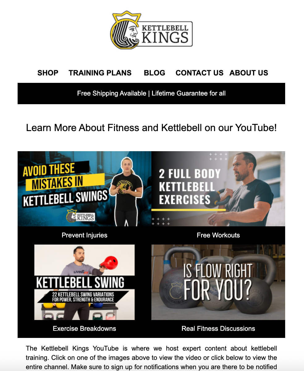 通過電子郵件營銷建立品牌社區——Kettlebell Kings 的截圖，上面寫著“在我們的 youtube 上了解有關健身和壺鈴的更多信息”