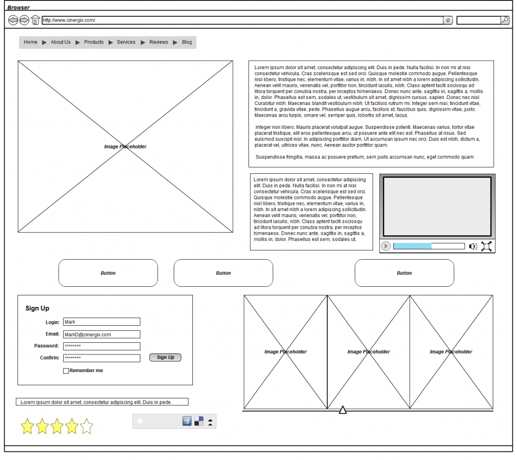 A wire-frame example with many website elements