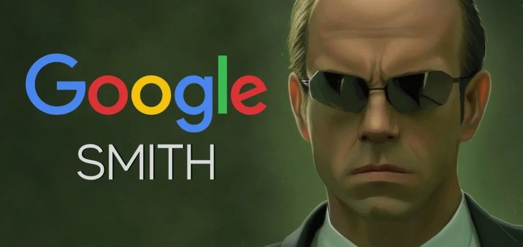 gambar agen smith di sebelah logo google dan kata smith