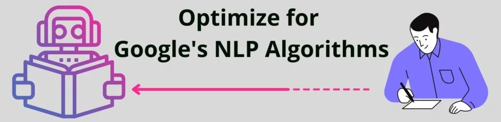 optimalkan algoritme NLP Google dengan tulisan seorang pria dan panah ke robot