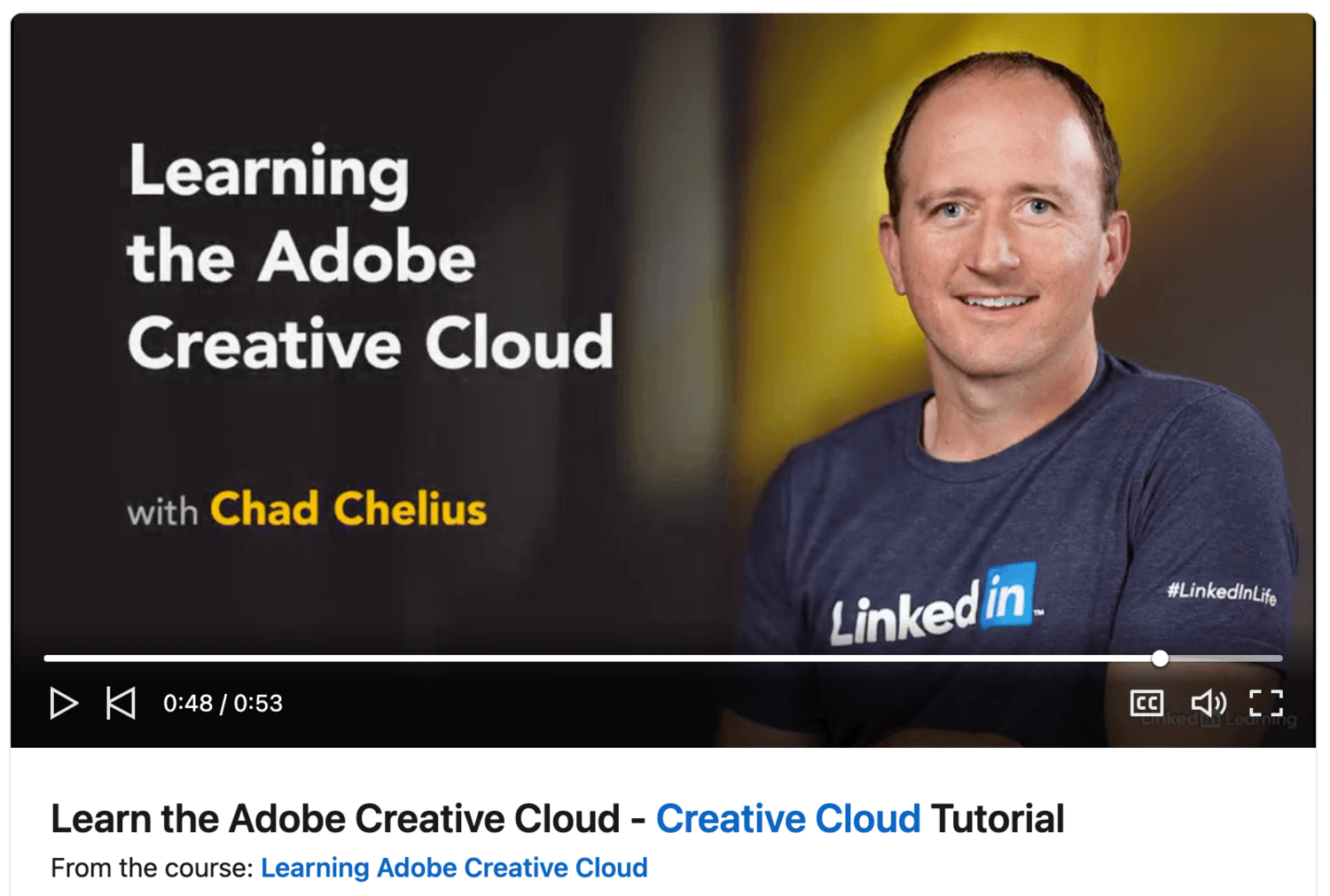 Tangkapan layar pembelajaran adobe creative cloud dengan Chad Chelius. Contoh video pelatihan karyawan yang efektif