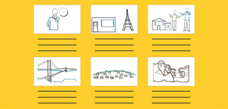 Esempio di layout di uno storyboard per video didattici animati.