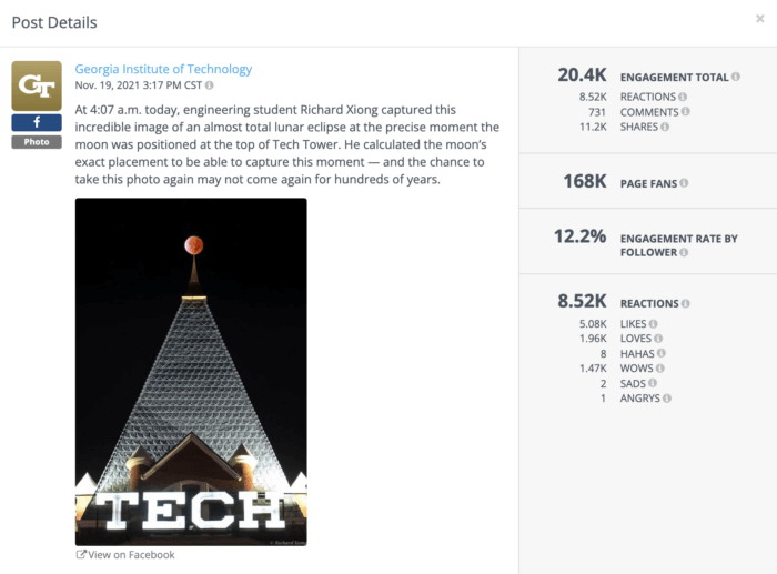 Publication Facebook de Georgia Tech avec un bon taux d'engagement