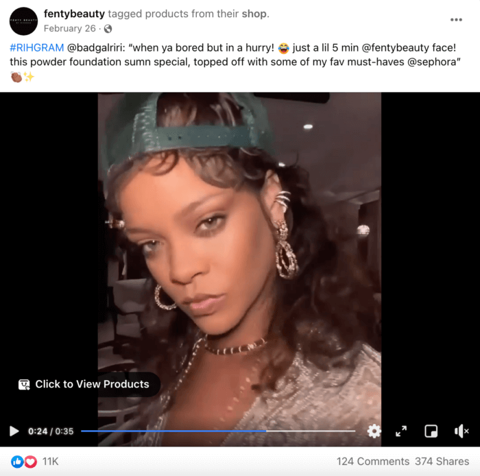 Publication Facebook de Fenty Beauty avec Rihanna