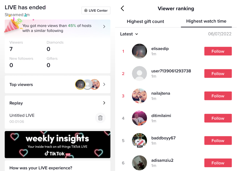 informations sur la diffusion en direct de TikTok