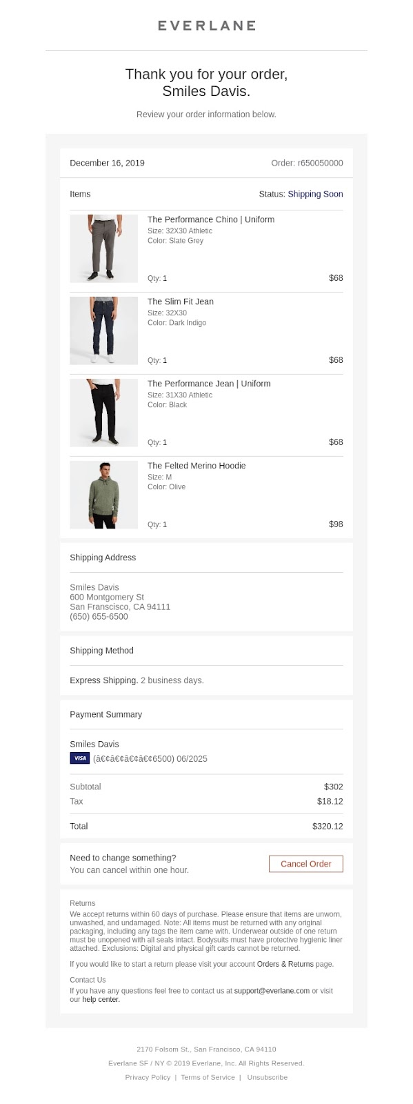 email pós-compra everlane