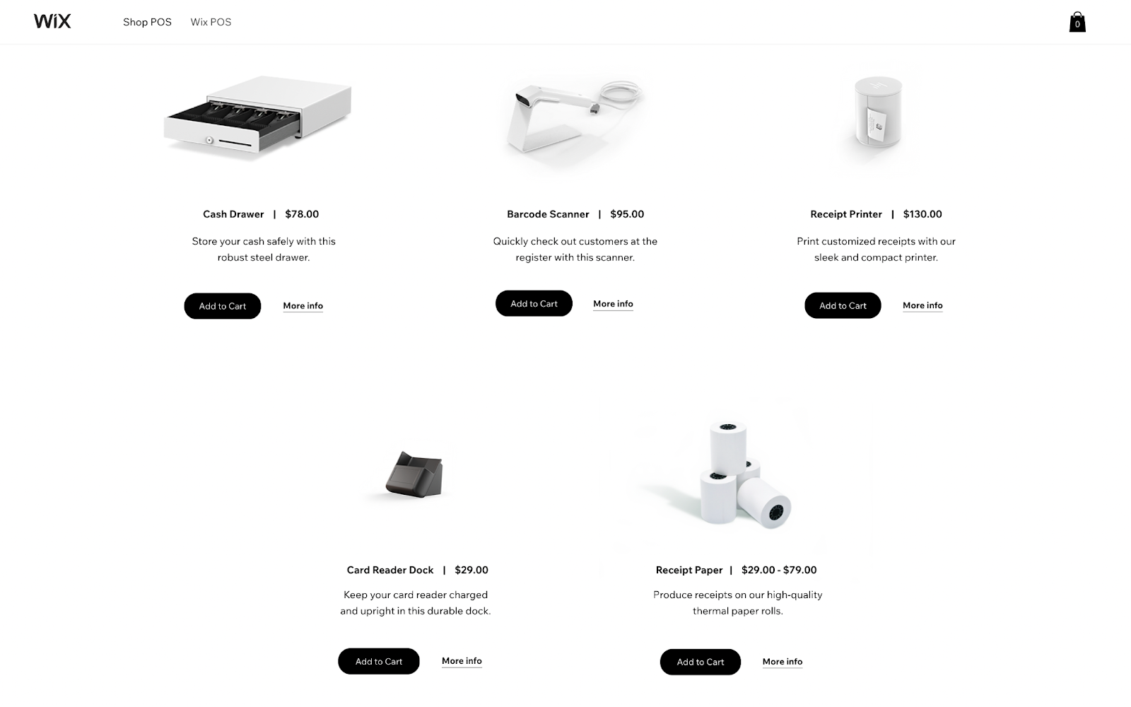 Omnichannel Commerce by Ecommerce Platform– Une capture d'écran des différentes options « POS à la carte » de Wix. La capture d'écran montre des images et des descriptions des éléments suivants : tiroir-caisse (78,00 $), lecteur de codes-barres (98,00 $), imprimante de reçus (130,00 $), station d'accueil pour lecteur de cartes (29,00 $) et papier pour reçus (29,00 $ - 79,00 $).