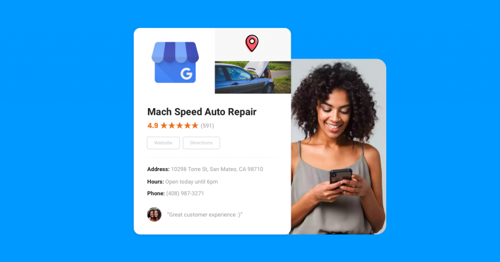 Femme regardant le profil d'entreprise Google pour "Mach Speed ​​Auto Repair" sur son téléphone