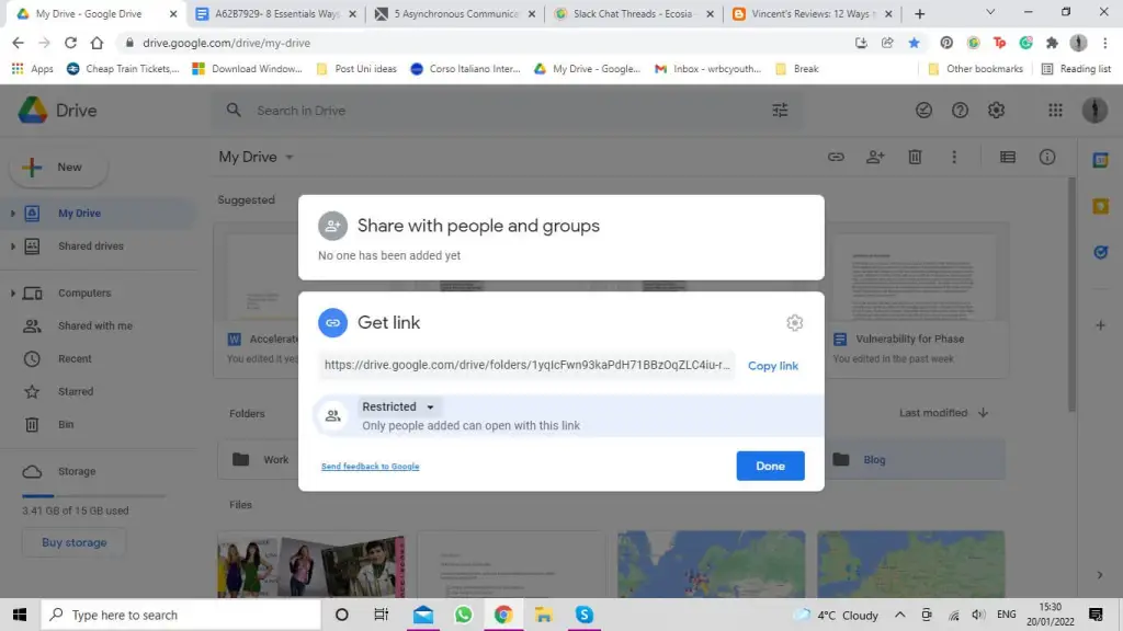 Une image de la fenêtre contextuelle de Google Docs vous demandant si vous souhaitez partager avec des personnes et des groupes, Obtenir le lien