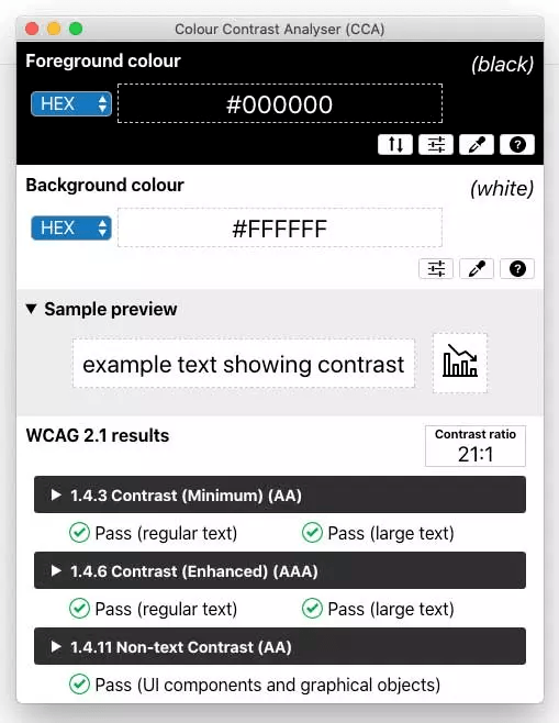 Imagem do analisador de contraste de cores gratuito da TPGI (https://www.tpgi.com/color-contrast-checker/) para garantir que as cores do seu site tenham um bom contraste