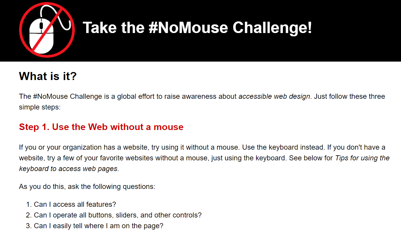 Zrzut ekranu strony internetowej #NoMouse Challenge