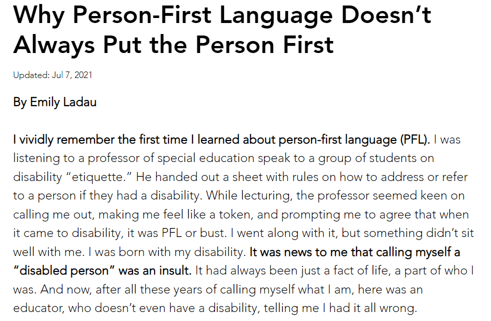 Artigo de Emily Ladau falando sobre a implementação do Person-First Language (PLF)