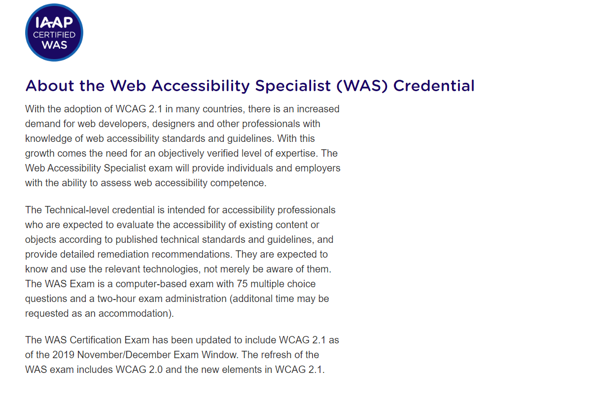 imagine care prezintă obiectivul certificării de specialist în accesibilitate web (WAS)