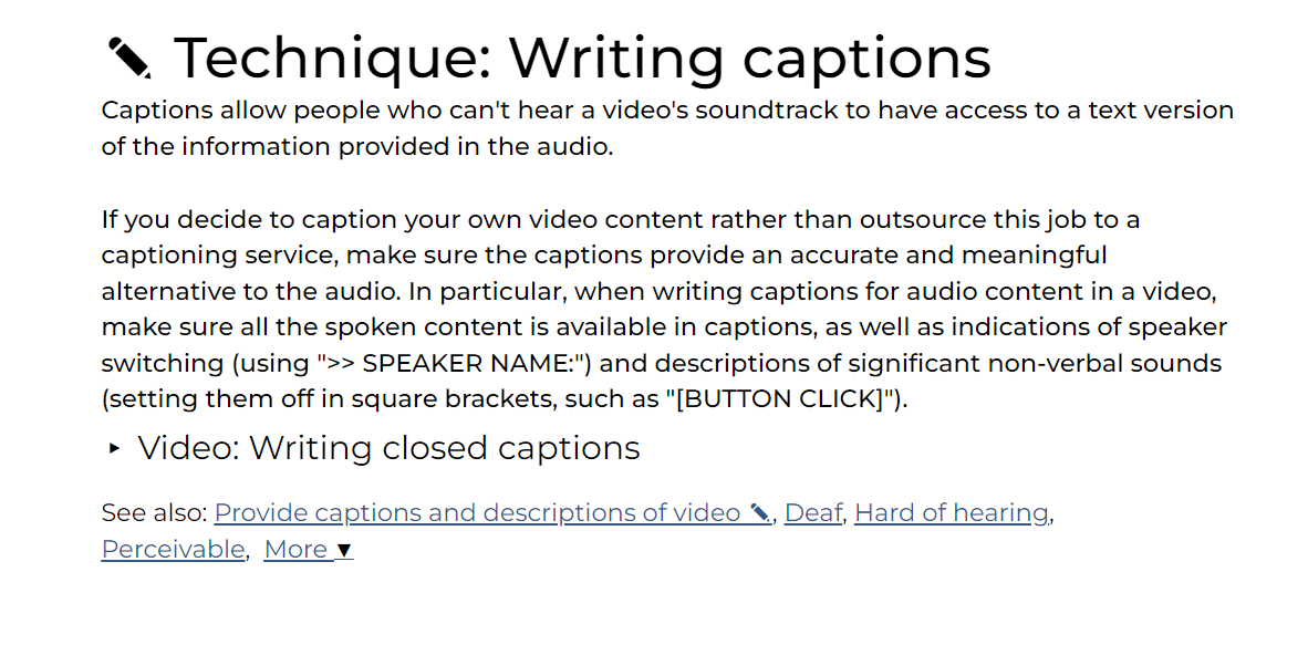 Capture d'écran du bref guide de Harvard pour les transcriptions, les légendes et les descriptions.