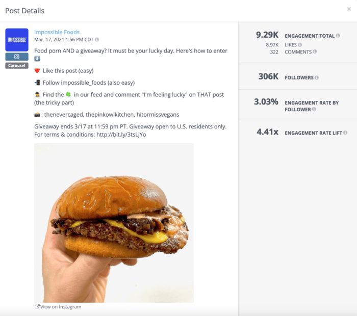 竞争对手 IQ 仪表板分析来自 Impossible Foods 的 Instagram 赠品帖子