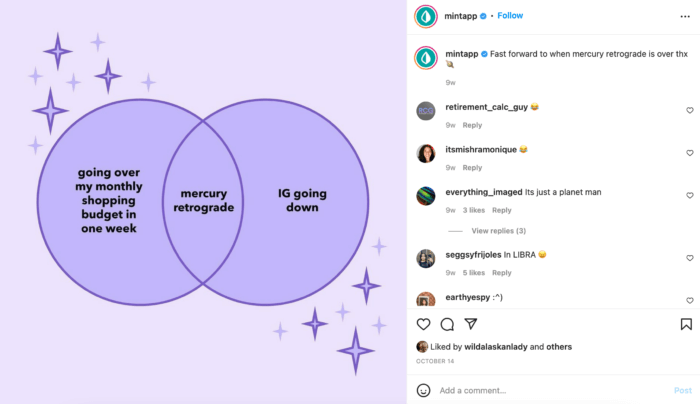 一个紫色维恩图，参考水星逆行，在 Mint 的 Instagram 上用作模因。