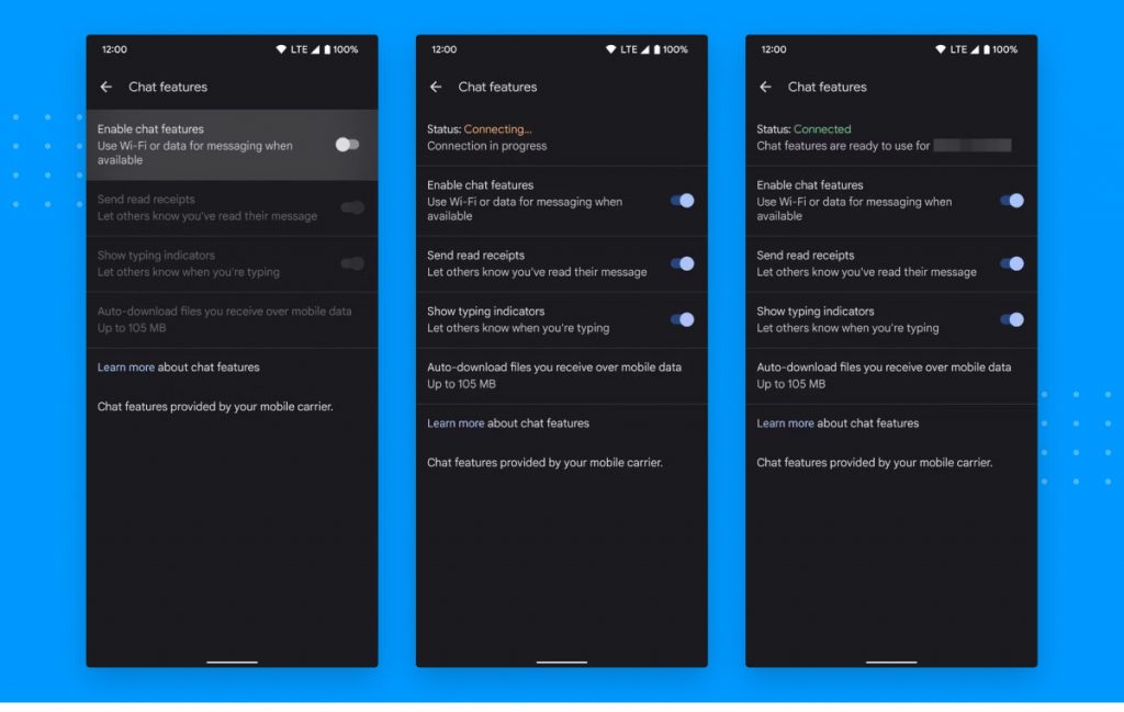 Screenshot der RCS-Chat-Einrichtung von Google Messages