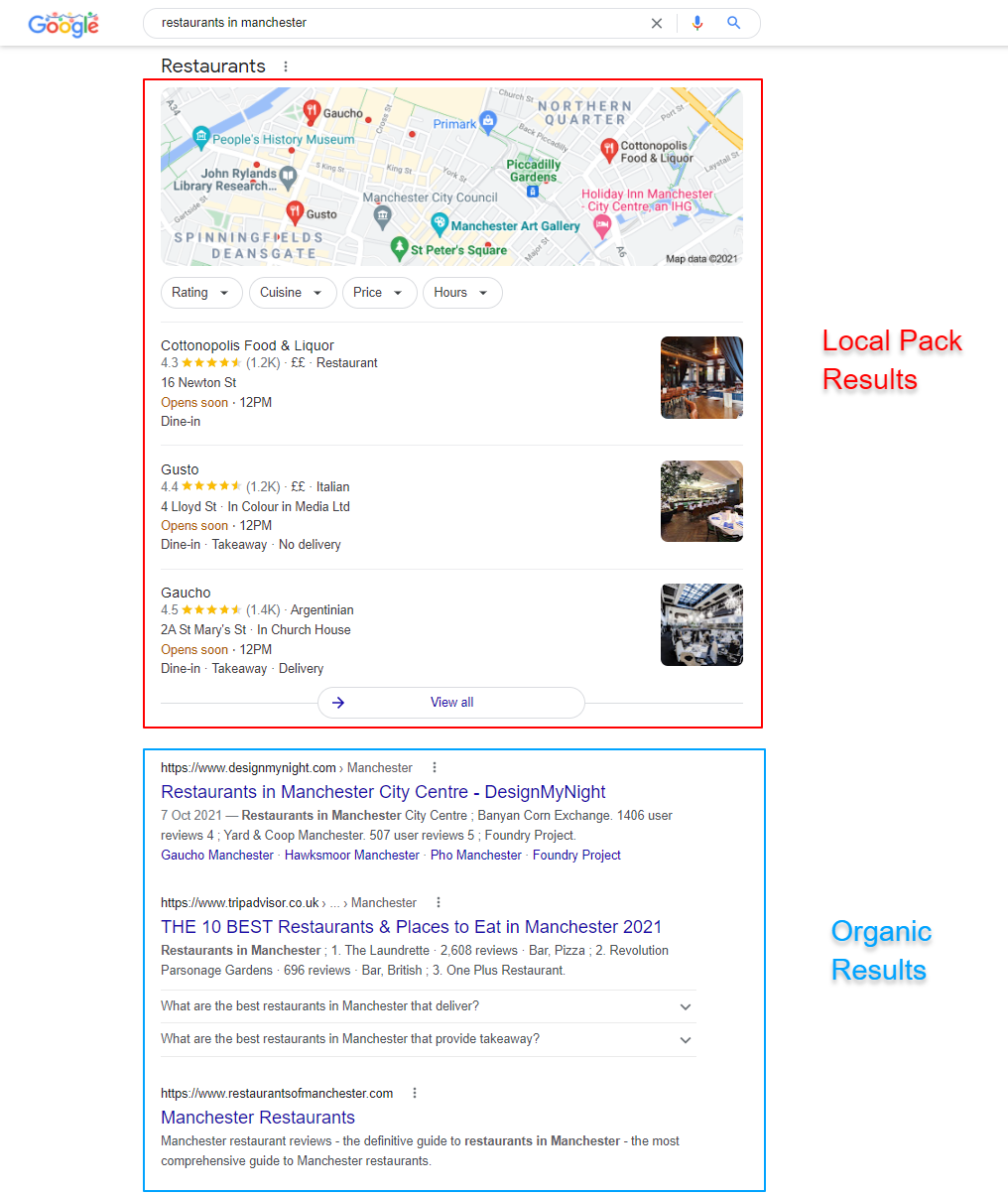 Google Local Pack-Ergebnisse und organische Ergebnisse