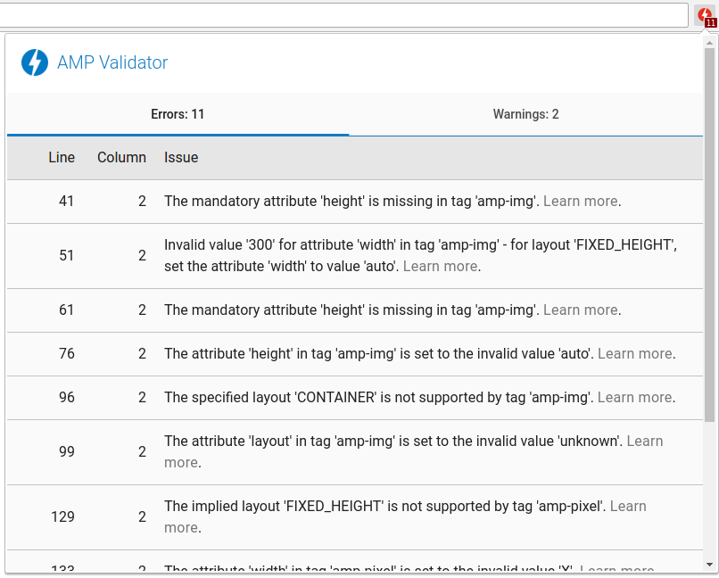 Estensione per Chrome AMP Validator