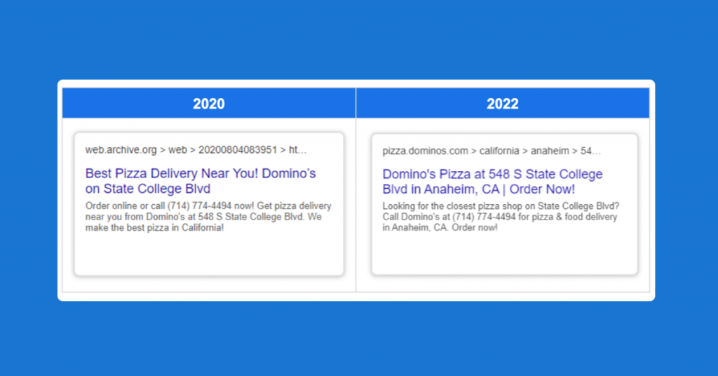 Confronto titoli di ricerca pizza di Domino dal 2020 al 2022