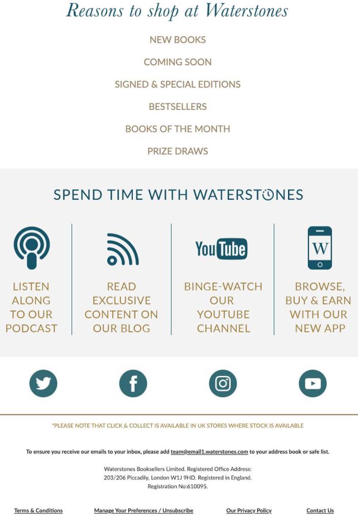 號召性用語營銷廣告，說明在 Waterstones 購物的理由。