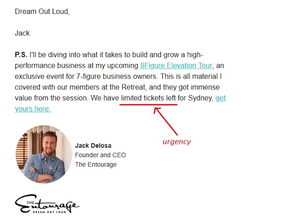 Exemplo de um e-mail enviado aos assinantes de Jack Delosa do The Entourage.