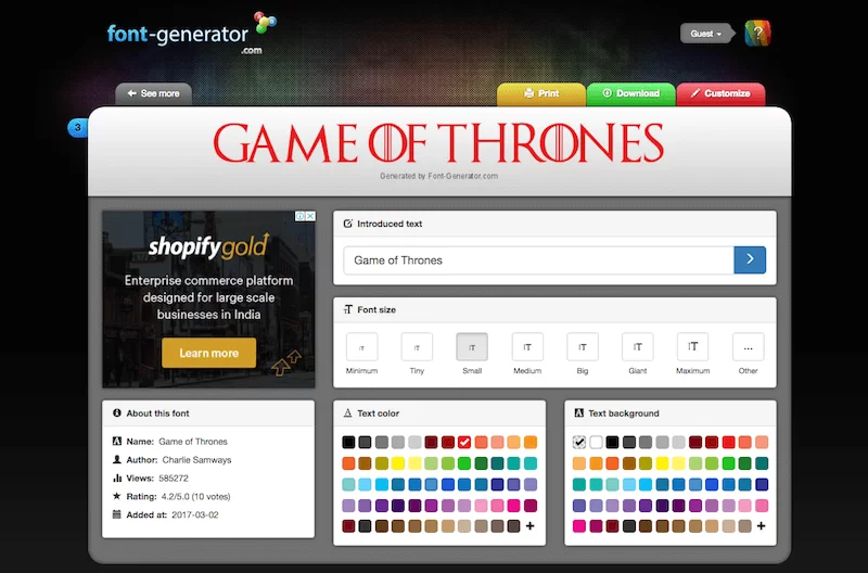 لعبة Game of Thrones Font Generator