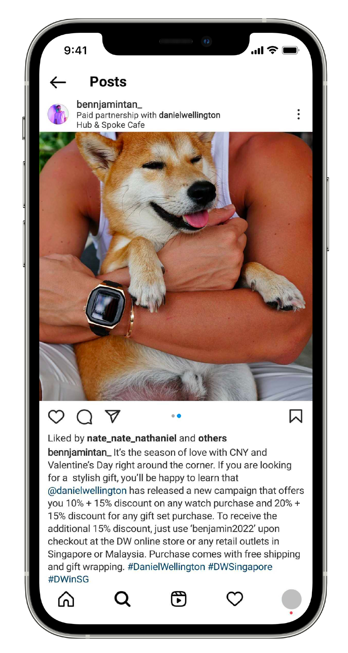 لقطة شاشة لمنشور على Instagram لشراكة مدفوعة من Bennjamin Tan-s مع Daniel Wellington. استخدم بنجامين علامات التجزئة ذات العلامات التجارية -DanielWellington، -DWSingapore، -DWinSG.