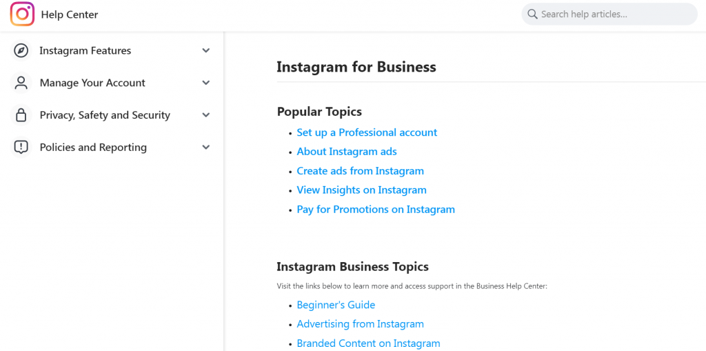 Sito di aiuto di Instagram