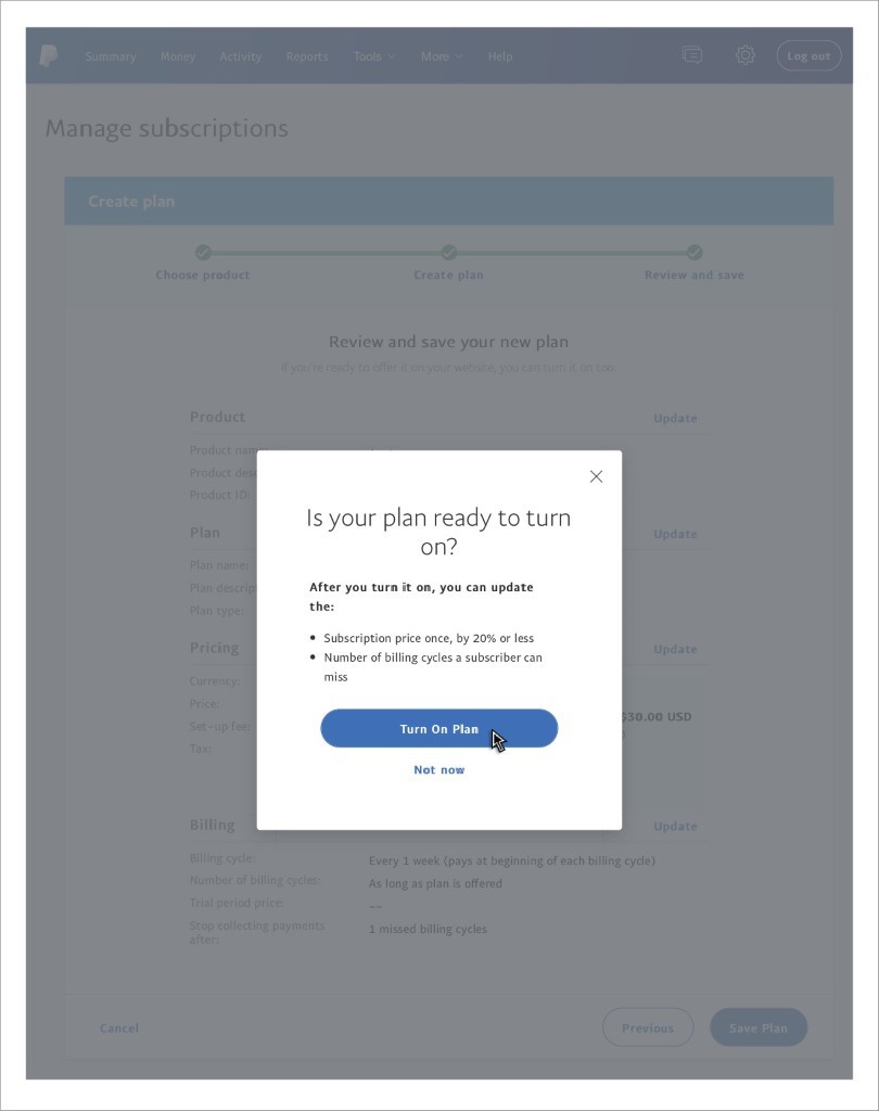 Étape 8 de la configuration de l'abonnement PayPal