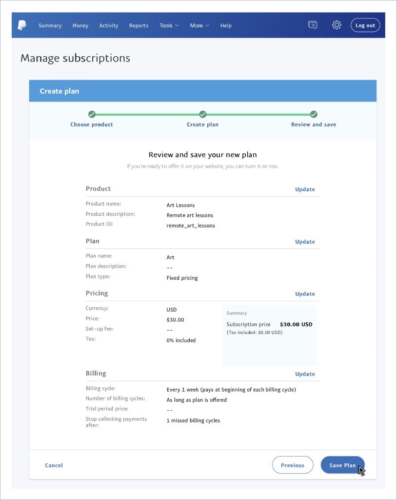 PayPalサブスクリプションの設定ステップ7
