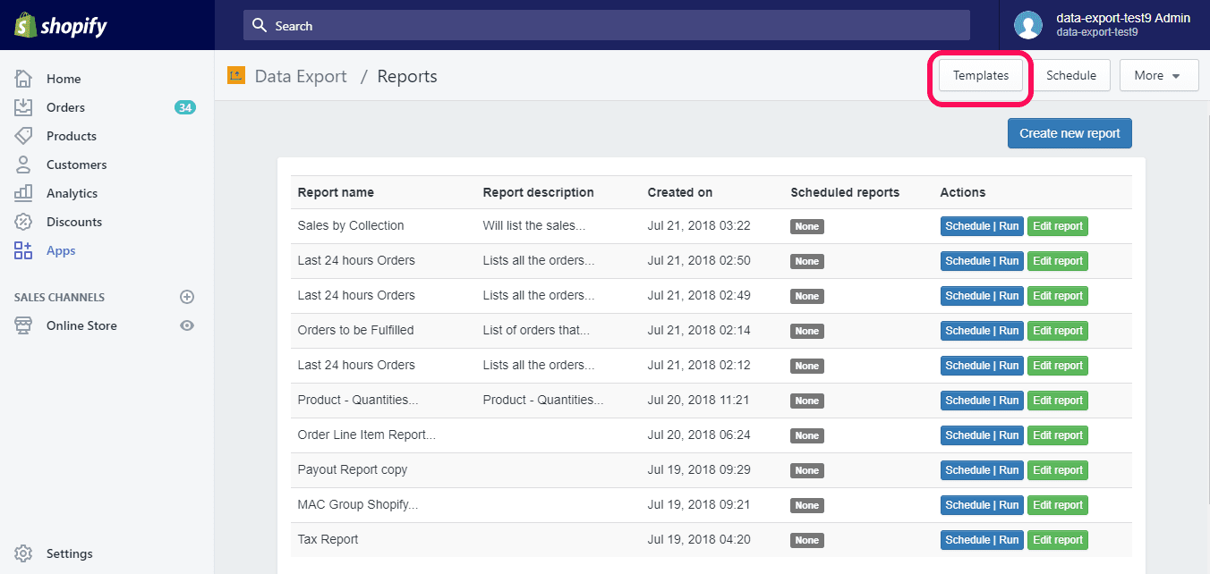 Dashboard für Datenexportberichte