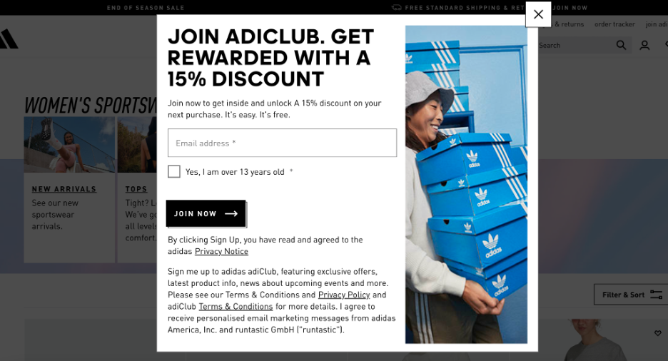 copy adidas popup 01 - How to Copy the Popups of Top Ecommerce Brands Using OptiMonk