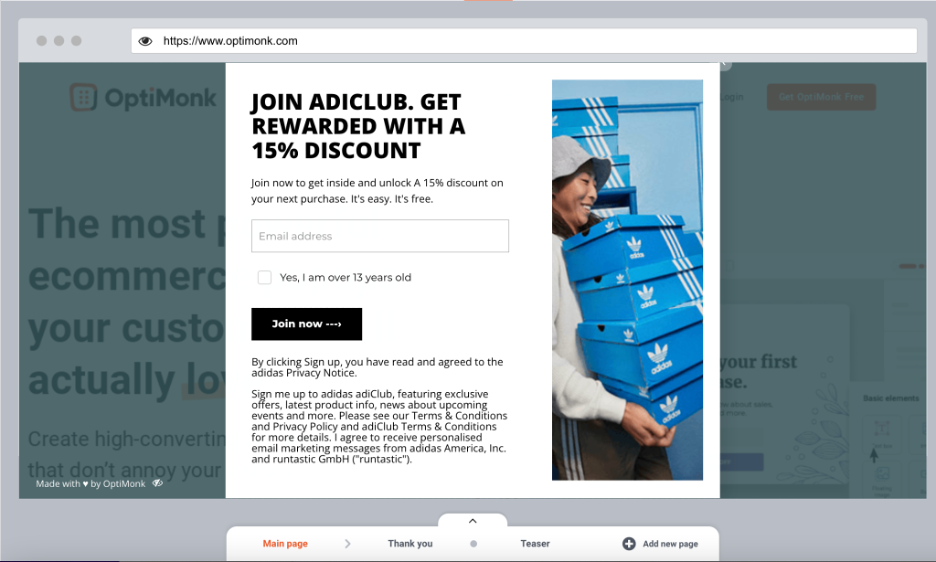 copy adidas popup 07 - How to Copy the Popups of Top Ecommerce Brands Using OptiMonk