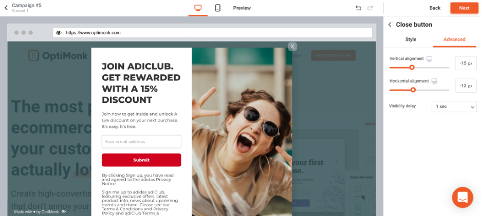 copy adidas popup 04 - How to Copy the Popups of Top Ecommerce Brands Using OptiMonk