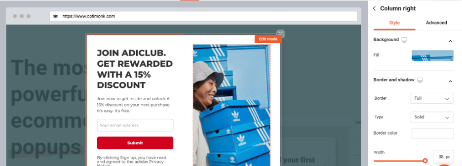 copy adidas popup 05 - How to Copy the Popups of Top Ecommerce Brands Using OptiMonk