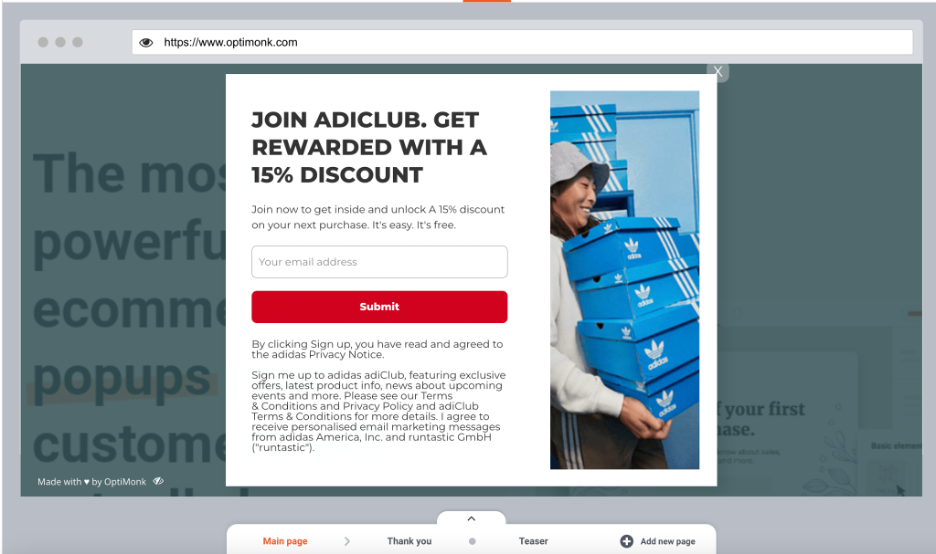 copy adidas popup 06 - How to Copy the Popups of Top Ecommerce Brands Using OptiMonk