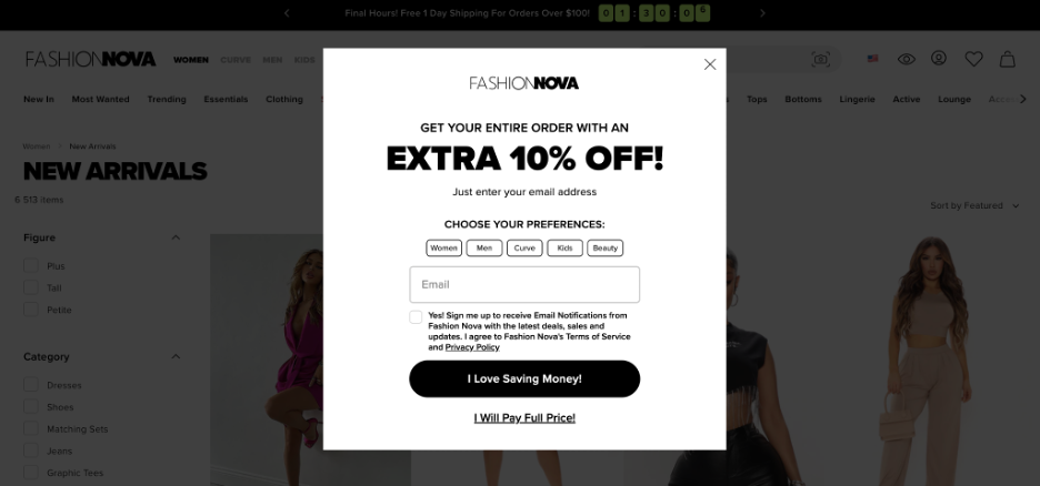 copy fashion nova popup 01 - How to Copy the Popups of Top Ecommerce Brands Using OptiMonk