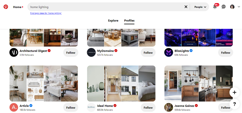 搜索您感兴趣的 pinterest 用户或业务资料