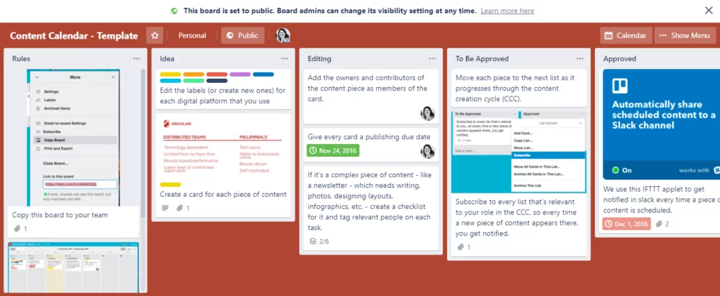 Trello sample content calendar