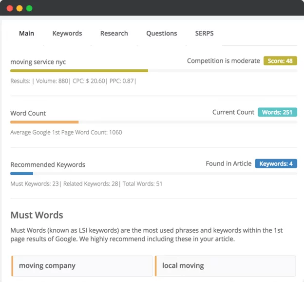 Keysearch content assistant recommendations feature