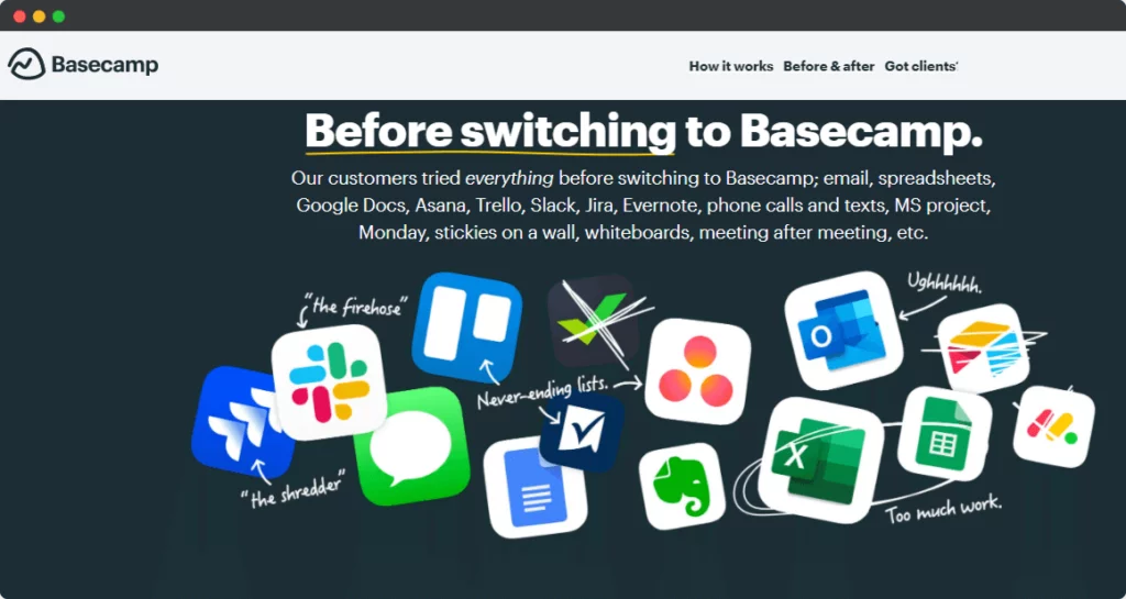 Basecamp avoid pain marketing angle on website example